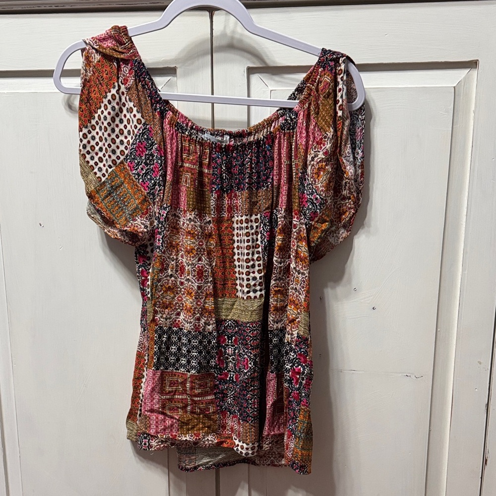 Rose & Olive Multi-Color Patchwork Off-Shoulder T… - image 1